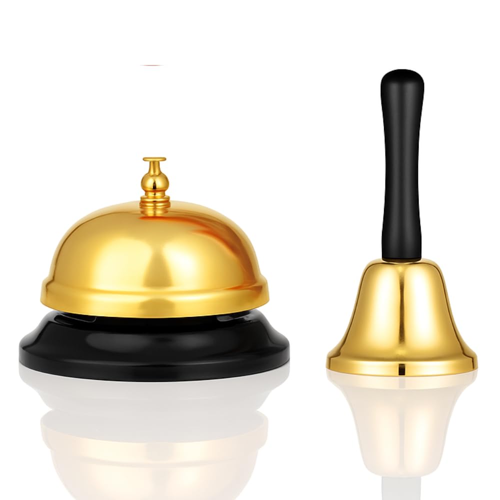 eMKay® Gold Hand Bel & Gold Desk Service Bell Set – 2-Pcs Bell Bundle for Events, Reception, Elderly, Hospitality & Classroom – Loud Ringing Bells with Stylish Finish for Home, School & Business