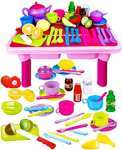 50-Pcs Foldable Play Table With Tea Set For Little Girls, Kitchen Toys Play Dishes, Play Food & Cutting Fruits, Toy Knife & Utensils | Play Kitchen Accessory Play Dish Sets For Toddler Girl Toy Gift #TOP9