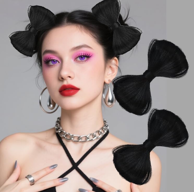 2pcs Bowknot Hair Bun Pieces with Scrunchies Black Bowknot Wig Clips Synthetic Fake Hair Buns Women Party Hair Styling Tools Hair Clips Accessories