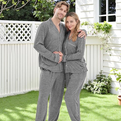Matching Pajamas for Couples, Button Down Loungewear Soft Warm Long Sleeve Sleepwear His and Hers Pajamas Sets4