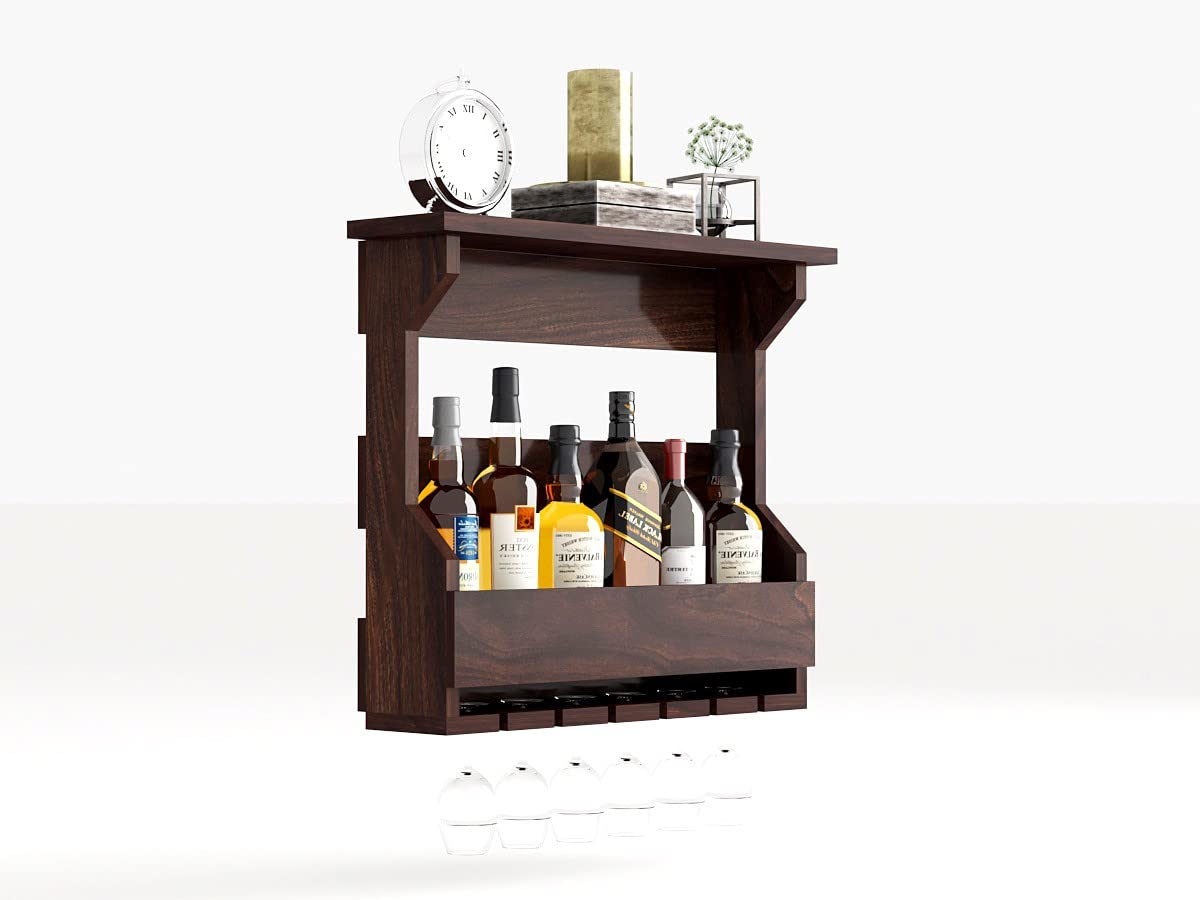 Wopno Furniture Sheesham Wooden Wall Hanging Bar Holder | Solid Wood Bar Cabinets for Home | Mini Bar for Home | Rosewood Rack and Wine Storage with Glass Hanging Space (Walnut, Small Size) 1