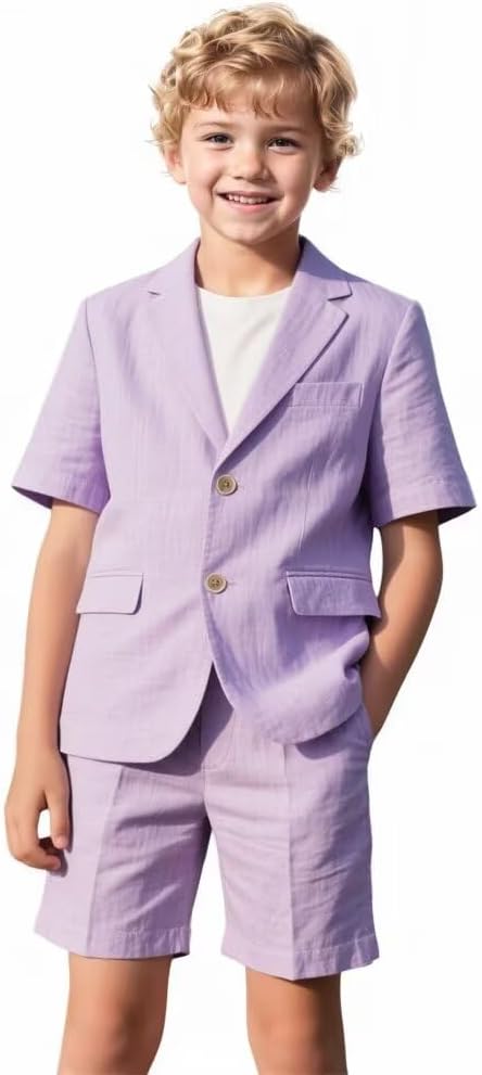 Boys Linen Suits Kids 2 Piece Suit Boy Formal Ring Bearer Tuxedo Outfit Summer Jacket and Shorts Set for Beach Wedding