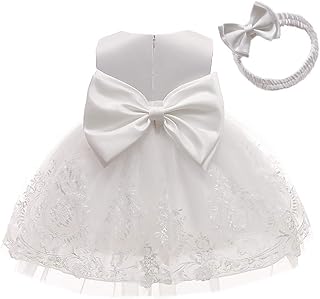 0-6T Big Bowknot Toddler Baby Girls Formal Dresses Pageant Party Lace Embroidery Dress with Headwear - Buy now