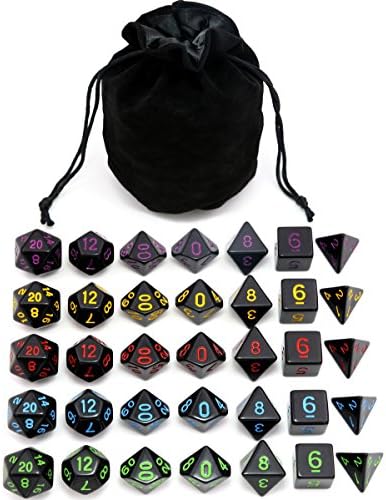IvyFieldDice 5 Sets New Black Polyhedral Dice with Satin-Lined Velvet Bag for Dungeons and Dragons DND RPG MTG D20 D12 D10 D8 D6 D4