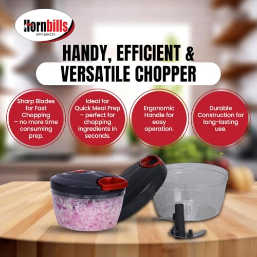 Image of Hornbills Vegetable Manual Chopper with 3 Blades 500ml Kitchen Multi Blade Food Chopper for Vegetables Onion Garlic Hand Chopper Stainless Steel Blade Compact Vegetable Portable Mini Chopper | Red