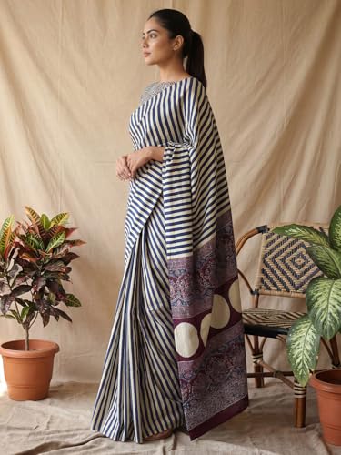 Image of AKHILAM Women's Pure Crepe Striped Printed Saree With Unstitched Blouse Piece
