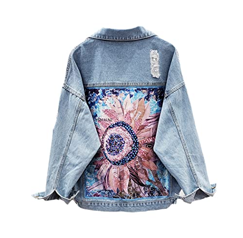Veste en jean femme bohème fleurie bleu L pour sublimer vos tenues
