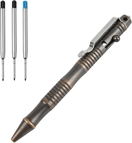 Lary LA002 - Bolígrafo de acción de latón macizo, clip de acero inoxidable, chapado en cobre, negro para firma EDC con 3 recambios adicionales en