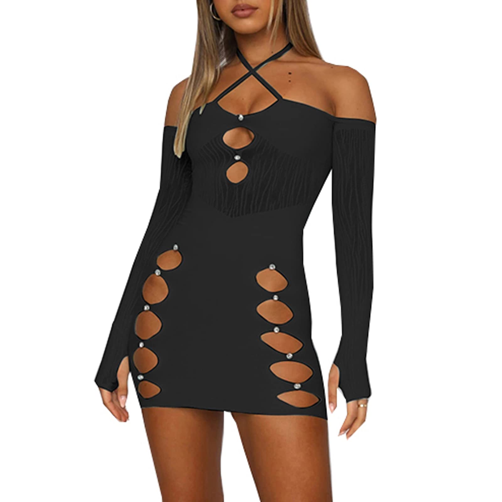 Women Sexy Halter Neck Mini Dress Backless Cutout Tie Dye Solid A Line Dress with Sleeves Bodycon Summer Club Sundress