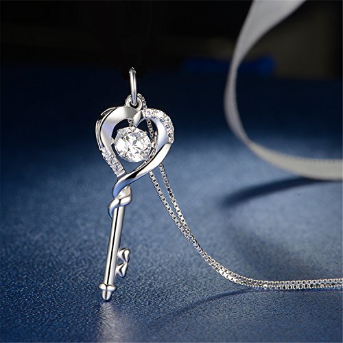 MABELLA Dancing CZ Key to Heart Sterling Silver 18K White Gold Plated Key Pendant Necklace, Women Gifts for Her2