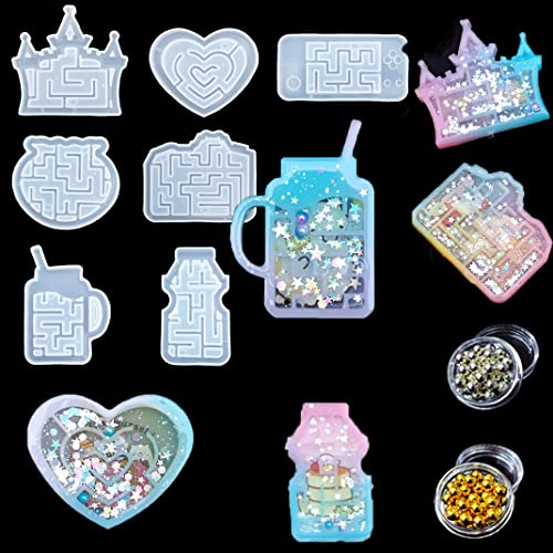 iSuperb 7 pcs Resin Shaker Molds Creative Maze Resin Molds Quicksand Silicone Drink Bottle Heart Shaped Casting with 60 Beads for Art Craft DIY (7 Molds+ 60 Beads)