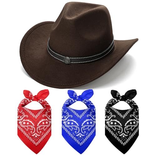 Image of Western Brown Cowboy Hat for Women Men with 3 Pcs Bandanas Felt Wide Brim Brown Cowgirl Hats for Women Cowboys and Cowgirls Halloween Costume Accessories