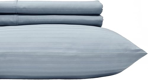 Miniatura 4 de Royal Hotel Bedding Sábanas a rayas de 600 hilos, juego de sábanas de 4 piezas, 100% algodón, rayas de satén, bolsillo profundo, tamaño Queen, azul