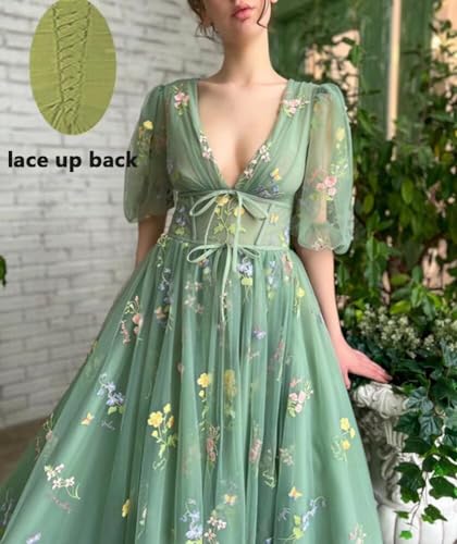 Prom Dresses for Women 2024 Puffy Sleeve Flower Embroidery Tulle Formal Gowns Homecoming Dresses2