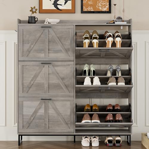 Image of BORNOON Shoe Cabinet with 6 Flip Drawers Narrow Shoe Storage Cabinet Organizer Wooden Freestanding Shoe Rack Hidden Slim Shoes Storage Cabinet for Entryway, Hallway, Living Room, Bedroom