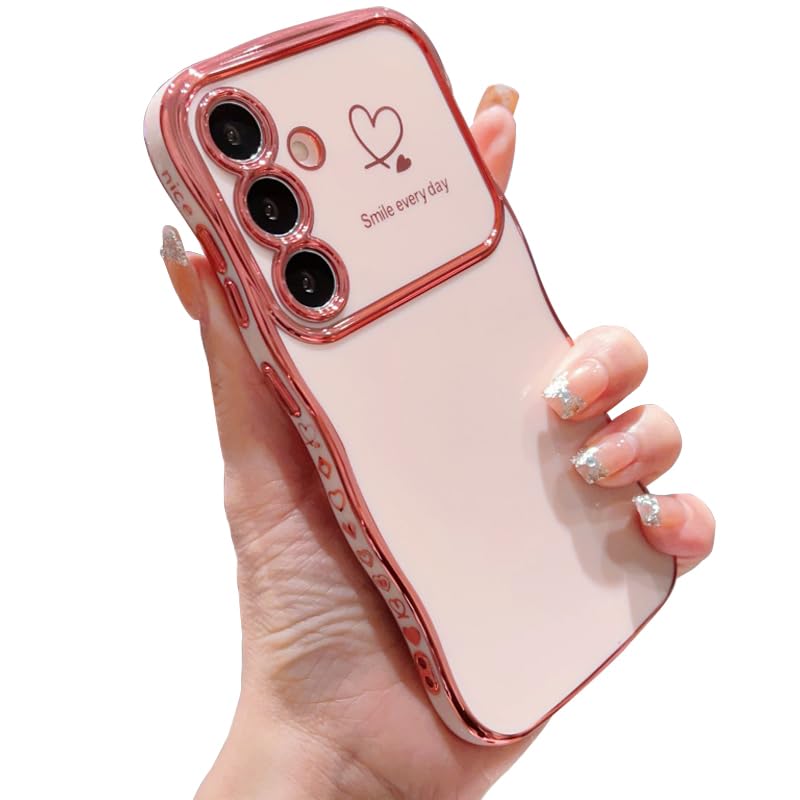 IDweel for Galaxy S24 Plus Case for Women Girls, Luxury Cute Wave Frame Curly Shape with Love Heart Raised Camera Protection Slim Fit Cover Plating