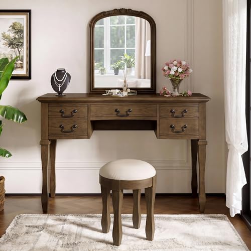 Image of JIVOIT 46 inch Vintage Makeup Vanity Table with Leather Stool, Vanity Desk with Curved Flower Frame Mirror, Dressing Table with 5 Drawers and Antique Handles, Easy Assembly