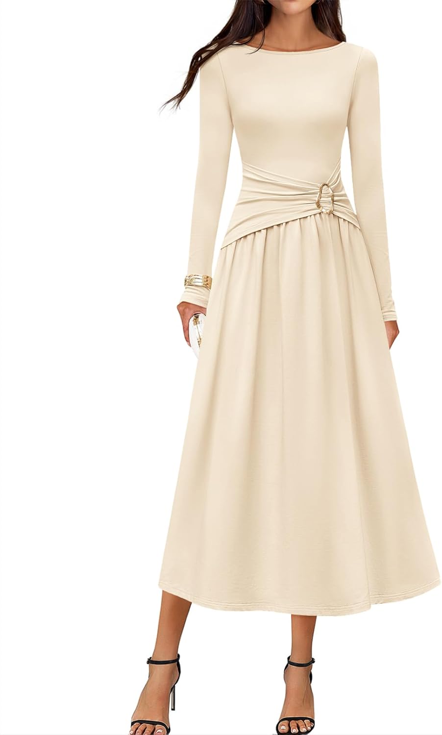 Elegant boat neck midi dress for fall cocktail party