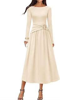 Women's 2025 Fall Long Sleeve Midi Dress Elegant Boat Neck Ruched Swing Cocktail Party Dresses