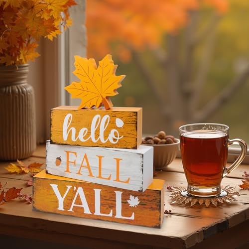 Image of 4 Pcs Hello Fall Decor Wooden Tiered Tray Decor, Maple Leaf Autumn Decorations Gifts for Home