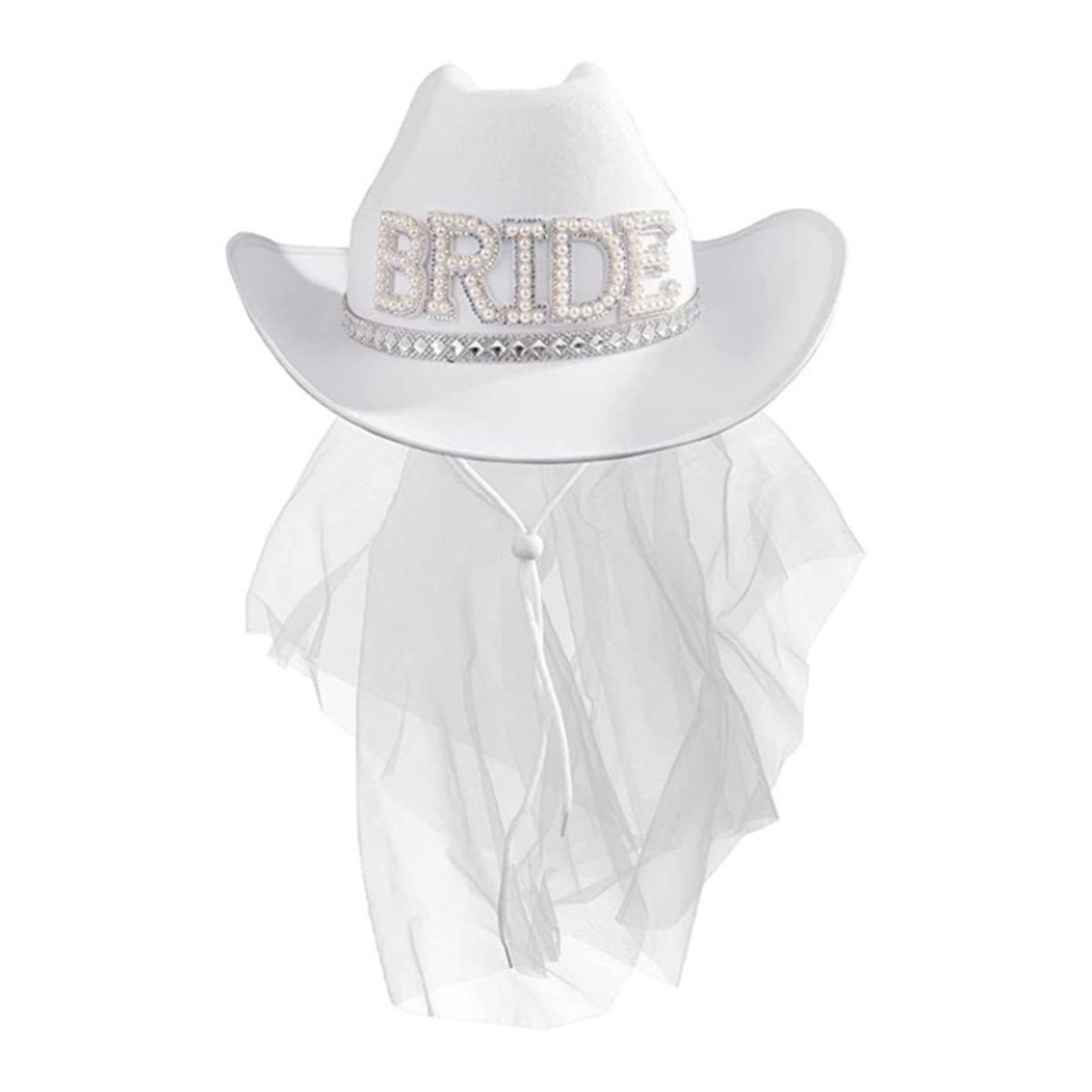 ZORQ Sombrero blanco de vaquera para novia, ajustable, con velo, sombrero de despedida de soltera, decoración de cosplay Zorq