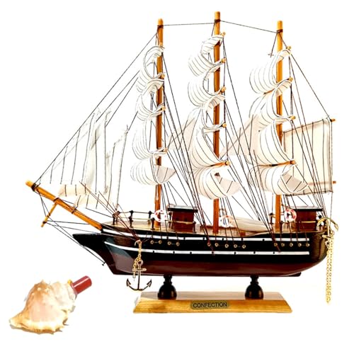 Lizipai Handmade Sailboat, Ocean Themed Sailboat Model, Mediterranean Sailboat, Wooden Sailboat Suitable for Home and Office desks (White sail, Black Brown Hull)