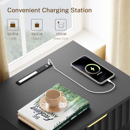 Image of TEENFON Fluted Nightstands Set of 2, Night Stand with Charging Station and LED Light, Nightstand with Storage Drawer and Open Shelf, Bedside Table for Small Space, Bedroom, Black