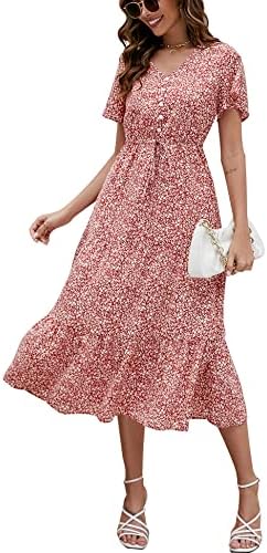 Newchoice Women’s Floral Boho Maxi Dress V Neck Short Sleeve Tiered Ruffle Swing Casual Summer Dresses