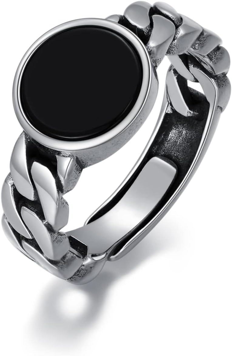 925 Sterling Silver Vintage Oxidized Style Black Onyx Adjustable Ring Casual Jewelry Gifts for Women