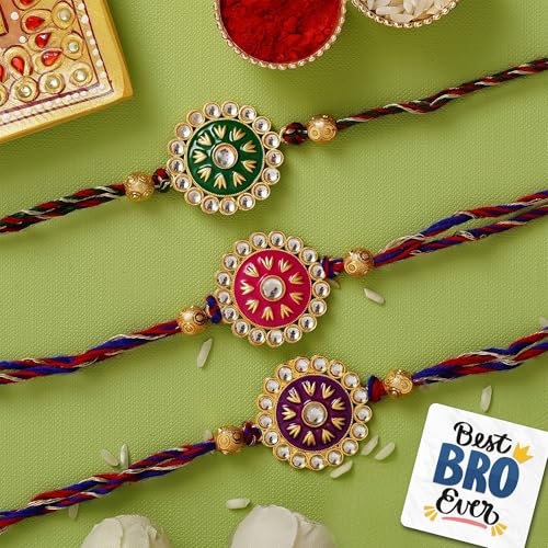 Image of eCraftIndia Set of 3 Meenakari Designer Rakhis for Brother Bhabhi Bhaiya Bhai Kids | Raksha Bandhan Rakhi Combo | Best Bro Ever Fridge Magnet | Roli Chawal Pack