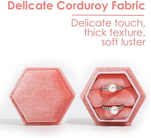 MEITREND Double Ring Box, Jewellery Velvet Gift Boxes Earring Rings Holder Storage Jewlerrying Display Case Organizer For Engagement Wedding Proposal Birthday, Vintage Hexagon Blush Pink