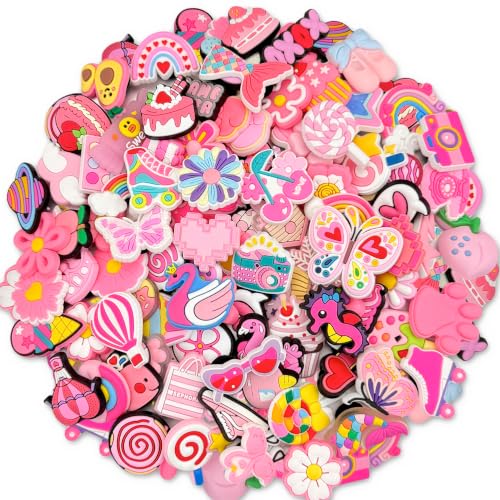 30,50,100 Pcs Random Pink Croc Charms for Girls Women, Cute Shoe Decoration Accessories Pins, Fun Mystery Bulk Gift Box for Clog Sandals, Birthday Party Favors (30 Pcs)