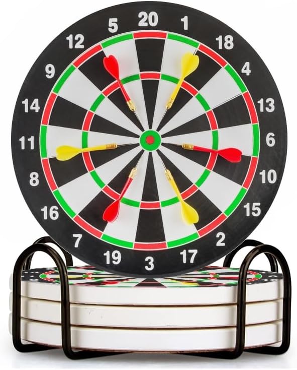 Drink Coasters Set of 4 with Holder Dartboard with Six Darts Water Absorbent Ceramic Coaster Cork Base,Suitable for Wedding Banquets,Kitchen and Bar Decoration