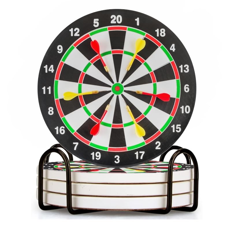 Drink Coasters Set of 4 with Holder Dartboard with Six Darts Water Absorbent Ceramic Coaster Cork Base,Suitable for Wedding Banquets,Kitchen and Bar Decoration