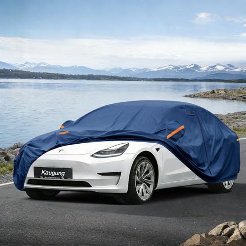 Image of Kaugung Custom Fit Car Cover for Tesla Model 3 (2017-2026), Heavy Duty Waterproof All Weather Outdoor Protection, Breathable Full Exterior Cover with Charging Port & Vent, Rain Sun Snow UV Proof