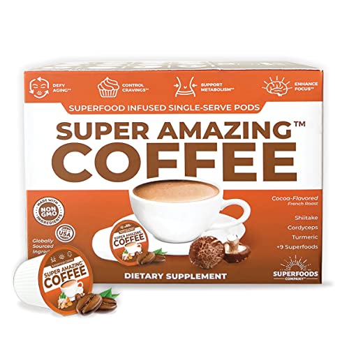 Amazing Coffee by Superfoods Company - Single Serve Pods Of Superfood Blended Coffee To Enhance Focus, Burn Calories, & Support Healthy Joints With 12 Natural Superfoods - (Cocoa, 1 Box, 24 Pods) - Compatible With 2.0 K-Cup Keurig Brewers