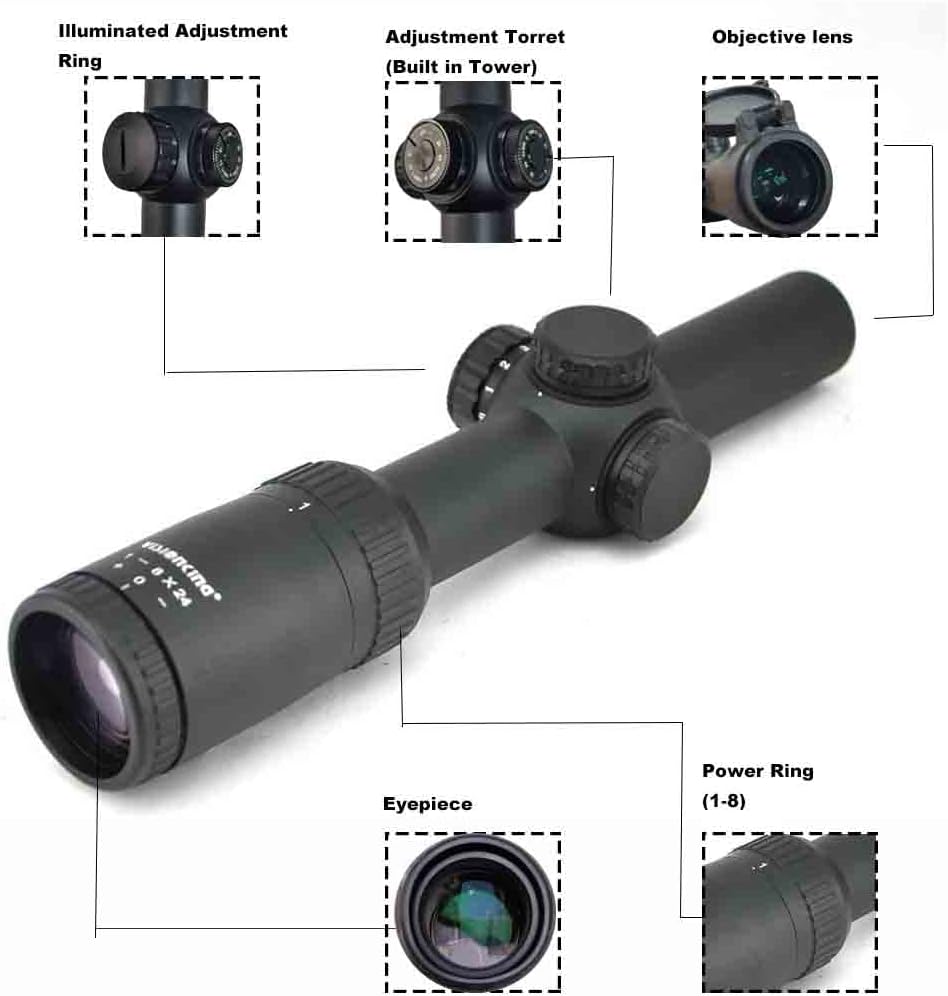 1-8x24 Second Focal Plane Rifle Scope, Long Eye Relief Riflescope 1/10 MIL Low Profile Turret Illuminated Red Dot for Hunting