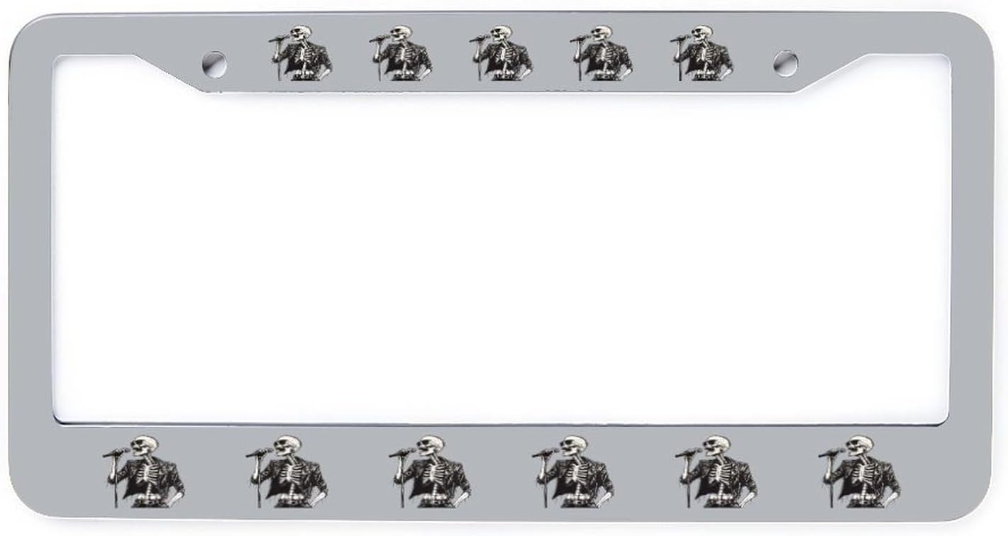 Rock N’roll Skeleton License Plate Frame Silver/Black Decorative Aluminum Car Tag Holder Auto Sign Accessories Cover