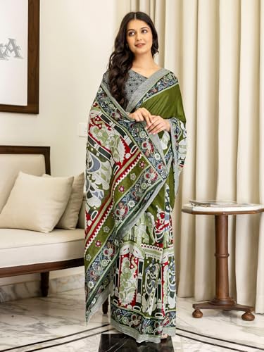 Image of SIRIL Women's Printed Ready to Wear Mul Cotton Saree With Unstitched Blouse Piece