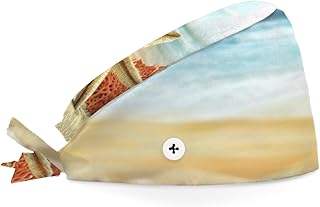 Bouffant Scrub Caps Printed Working Surgical Cap Beach Starfish Coral Nurse Hats with Buttons and Sweatband Adjustable Tie Back Hat for Women Men Multi Color