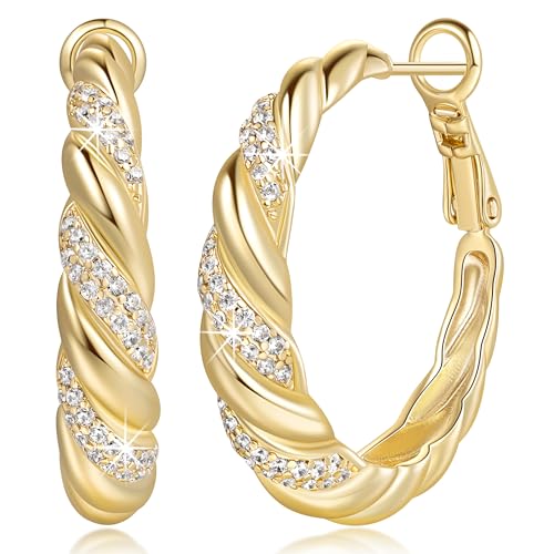 Gold Earrings 14K Gold Hoop Earrings for Women with Cubic Zirconia Mesmerizing Spiral Design Twisted Statement Chunky Hoop Earring for Women Trendy