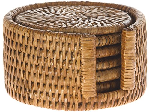 KOUBOO La Jolla Round Rattan Holder (Set of 6)-Drink Absorbent, Woven & Boho, Honey Brown Coasters