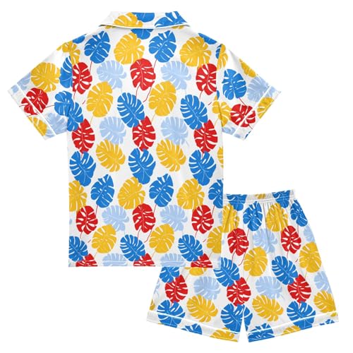Red Blue Yellow Monstera Leaves Pattern Summer Satin Pajama Set, Cute Button-Down Sleepwear Pj Set for Sleep Wears2