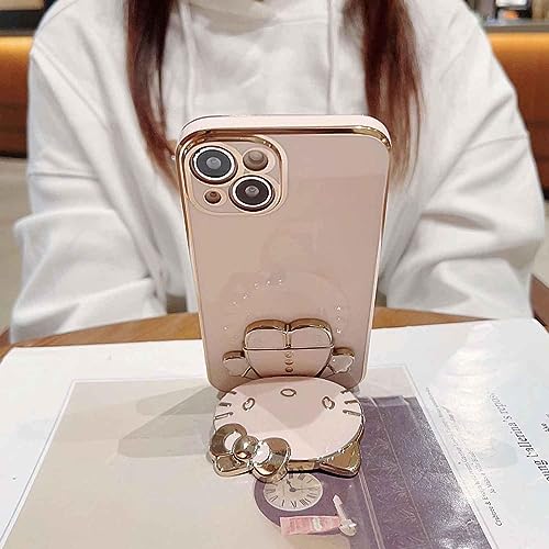 Image of KC Back Cover for Oneplus Nord CE 3 5G - Hidden Mirror Hellow Kitten Folding Bracket Kickstand Electroplated Soft Silicone Camera Protection Case - Pink