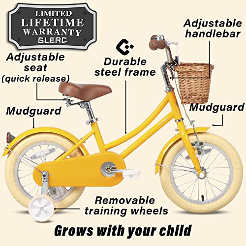 Glerc 16 Inch Kids Girls Bike For 6 7 8 9 10 Years Old Little Girls Retro Vintage Style Bicycles With Basket Training Wheels And Bell,Yellow #TOP1