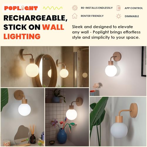 Image of Poplight Wireless Wall Sconce (Shark Tank) Rechargeable & Dimmable LED Light w /App Control & Damage-Free Install, Moveable Modern Ambient Lighting for Elegant Home & Bedroom Decor | Mushroom
