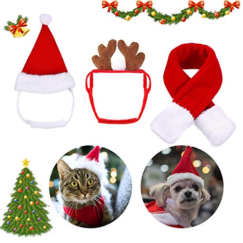 Cat Dog Santa Christmas Hat, Muffler and Elk Antler Reindeer Hat, Hats for Cats, Head Wear Accesories Adjustable Pet Cat Christmas Costume Outfits for Pet Dog Cats Rabbits (Pack of 3 Pcs)