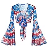 Fourth of July Women V Neck Tie Front American Flag Long Sleeve Shirt Patriotic Memorial Star Crop Top Star Tie Dye L
