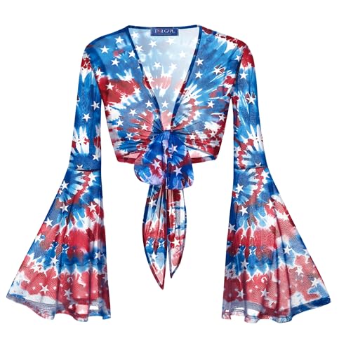 Image of For G and PL Women Tie Front Bell Sleeve Rave Crop Tops Floral Print Hippie Mesh Sheer Shirt