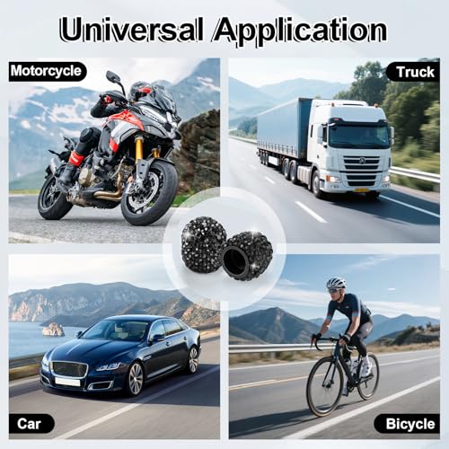 Image of JUSTTOP 4 Pack Handmade Crystal Rhinestone Car Tire Valve Stem Caps, Wheel Valve, Attractive Dustproof Bling Accessories, Universal for Cars, Trucks and Motorcycles-Black